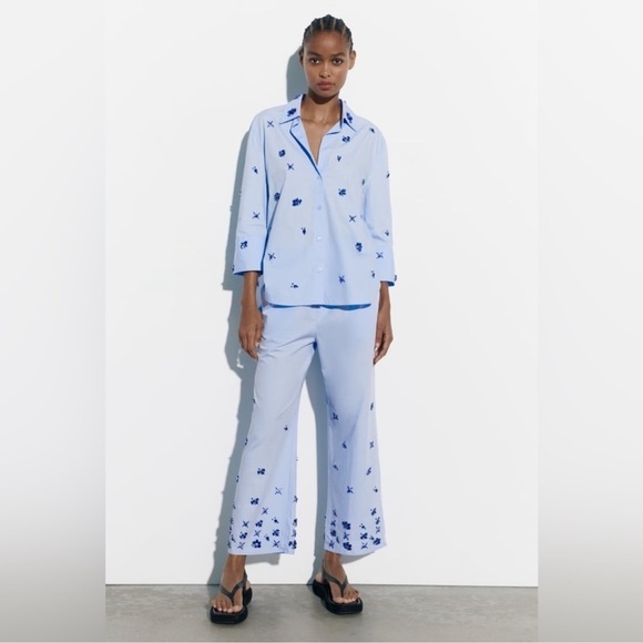 Zara Pants - ZARA JEWEL POPLIN SHIRT AND PANTS BLUE SIZE M
